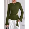 image:imagePRETTYGARDEN Long Sleeve Shirts for Women Asymmetricall Tops  Dressy Casual Blouses Slim Fit Waist Tie Ruched Top Soft Stretchy Going Out Work Office Outfit 2026 Fall Fashion ClothesArmy Green