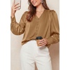 image:imagePRETTYGARDEN Satin Long Sleeve Womens Blouses Dressy Casual  Glossy Smooth Silk FabricLantern Sleeve Fall TopsDecorative Button PulloverV Neck ShirtsOffice Work Business OutfitsKhaki