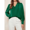 image:imagePRETTYGARDEN Satin Long Sleeve Womens Blouses Dressy Casual  Glossy Smooth Silk FabricLantern Sleeve Fall TopsDecorative Button PulloverV Neck ShirtsOffice Work Business OutfitsGreen
