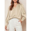 image:imagePRETTYGARDEN Satin Long Sleeve Womens Blouses Dressy Casual  Glossy Smooth Silk FabricLantern Sleeve Fall TopsDecorative Button PulloverV Neck ShirtsOffice Work Business OutfitsBeige