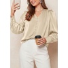 image:imagePRETTYGARDEN Satin Long Sleeve Womens Blouses Dressy Casual  Glossy Smooth Silk FabricLantern Sleeve Fall TopsDecorative Button PulloverV Neck ShirtsOffice Work Business OutfitsBeige