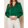 image:imagePRETTYGARDEN Satin Long Sleeve Womens Blouses Dressy Casual  Glossy Smooth Silk FabricLantern Sleeve Fall TopsDecorative Button PulloverV Neck ShirtsOffice Work Business OutfitsGreen