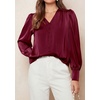 image:imagePRETTYGARDEN Satin Long Sleeve Womens Blouses Dressy Casual  Glossy Smooth Silk FabricLantern Sleeve Fall TopsDecorative Button PulloverV Neck ShirtsOffice Work Business OutfitsWine Red