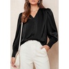 image:imagePRETTYGARDEN Satin Long Sleeve Womens Blouses Dressy Casual  Glossy Smooth Silk FabricLantern Sleeve Fall TopsDecorative Button PulloverV Neck ShirtsOffice Work Business OutfitsBlack