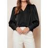 image:imagePRETTYGARDEN Satin Long Sleeve Womens Blouses Dressy Casual  Glossy Smooth Silk FabricLantern Sleeve Fall TopsDecorative Button PulloverV Neck ShirtsOffice Work Business OutfitsBlack