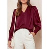 image:imagePRETTYGARDEN Satin Long Sleeve Womens Blouses Dressy Casual  Glossy Smooth Silk FabricLantern Sleeve Fall TopsDecorative Button PulloverV Neck ShirtsOffice Work Business OutfitsWine Red