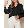 image:imagePRETTYGARDEN Satin Long Sleeve Womens Blouses Dressy Casual  Glossy Smooth Silk FabricLantern Sleeve Fall TopsDecorative Button PulloverV Neck ShirtsOffice Work Business OutfitsBlack