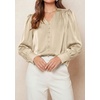 image:imagePRETTYGARDEN Satin Long Sleeve Womens Blouses Dressy Casual  Glossy Smooth Silk FabricLantern Sleeve Fall TopsDecorative Button PulloverV Neck ShirtsOffice Work Business OutfitsBeige
