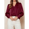 image:imagePRETTYGARDEN Satin Long Sleeve Womens Blouses Dressy Casual  Glossy Smooth Silk FabricLantern Sleeve Fall TopsDecorative Button PulloverV Neck ShirtsOffice Work Business OutfitsWine Red