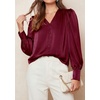 image:imagePRETTYGARDEN Satin Long Sleeve Womens Blouses Dressy Casual  Glossy Smooth Silk FabricLantern Sleeve Fall TopsDecorative Button PulloverV Neck ShirtsOffice Work Business OutfitsWine Red