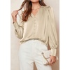 image:imagePRETTYGARDEN Satin Long Sleeve Womens Blouses Dressy Casual  Glossy Smooth Silk FabricLantern Sleeve Fall TopsDecorative Button PulloverV Neck ShirtsOffice Work Business OutfitsBeige
