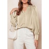 image:imagePRETTYGARDEN Satin Long Sleeve Womens Blouses Dressy Casual  Glossy Smooth Silk FabricLantern Sleeve Fall TopsDecorative Button PulloverV Neck ShirtsOffice Work Business OutfitsBeige