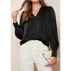 image:imagePRETTYGARDEN Satin Long Sleeve Womens Blouses Dressy Casual  Glossy Smooth Silk FabricLantern Sleeve Fall TopsDecorative Button PulloverV Neck ShirtsOffice Work Business OutfitsBlack