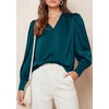 image:imagePRETTYGARDEN Satin Long Sleeve Womens Blouses Dressy Casual  Glossy Smooth Silk FabricLantern Sleeve Fall TopsDecorative Button PulloverV Neck ShirtsOffice Work Business OutfitsDark Cyan