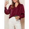 image:imagePRETTYGARDEN Satin Long Sleeve Womens Blouses Dressy Casual  Glossy Smooth Silk FabricLantern Sleeve Fall TopsDecorative Button PulloverV Neck ShirtsOffice Work Business OutfitsWine Red