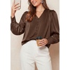image:imagePRETTYGARDEN Satin Long Sleeve Womens Blouses Dressy Casual  Glossy Smooth Silk FabricLantern Sleeve Fall TopsDecorative Button PulloverV Neck ShirtsOffice Work Business OutfitsBrown