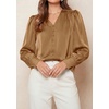 image:imagePRETTYGARDEN Satin Long Sleeve Womens Blouses Dressy Casual  Glossy Smooth Silk FabricLantern Sleeve Fall TopsDecorative Button PulloverV Neck ShirtsOffice Work Business OutfitsKhaki