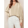 image:imagePRETTYGARDEN Satin Long Sleeve Womens Blouses Dressy Casual  Glossy Smooth Silk FabricLantern Sleeve Fall TopsDecorative Button PulloverV Neck ShirtsOffice Work Business OutfitsBeige
