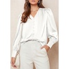 image:imagePRETTYGARDEN Satin Long Sleeve Womens Blouses Dressy Casual  Glossy Smooth Silk FabricLantern Sleeve Fall TopsDecorative Button PulloverV Neck ShirtsOffice Work Business OutfitsWhite