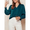 image:imagePRETTYGARDEN Satin Long Sleeve Womens Blouses Dressy Casual  Glossy Smooth Silk FabricLantern Sleeve Fall TopsDecorative Button PulloverV Neck ShirtsOffice Work Business OutfitsDark Cyan