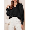 image:imagePRETTYGARDEN Satin Long Sleeve Womens Blouses Dressy Casual  Glossy Smooth Silk FabricLantern Sleeve Fall TopsDecorative Button PulloverV Neck ShirtsOffice Work Business OutfitsBlack