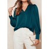 image:imagePRETTYGARDEN Satin Long Sleeve Womens Blouses Dressy Casual  Glossy Smooth Silk FabricLantern Sleeve Fall TopsDecorative Button PulloverV Neck ShirtsOffice Work Business OutfitsDark Cyan