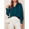 image:imagePRETTYGARDEN Satin Long Sleeve Womens Blouses Dressy Casual  Glossy Smooth Silk FabricLantern Sleeve Fall TopsDecorative Button PulloverV Neck ShirtsOffice Work Business OutfitsDark Cyan