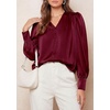 image:imagePRETTYGARDEN Satin Long Sleeve Womens Blouses Dressy Casual  Glossy Smooth Silk FabricLantern Sleeve Fall TopsDecorative Button PulloverV Neck ShirtsOffice Work Business OutfitsWine Red