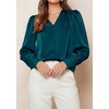 image:imagePRETTYGARDEN Satin Long Sleeve Womens Blouses Dressy Casual  Glossy Smooth Silk FabricLantern Sleeve Fall TopsDecorative Button PulloverV Neck ShirtsOffice Work Business OutfitsDark Cyan