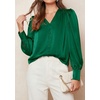image:imagePRETTYGARDEN Satin Long Sleeve Womens Blouses Dressy Casual  Glossy Smooth Silk FabricLantern Sleeve Fall TopsDecorative Button PulloverV Neck ShirtsOffice Work Business OutfitsGreen