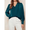 image:imagePRETTYGARDEN Satin Long Sleeve Womens Blouses Dressy Casual  Glossy Smooth Silk FabricLantern Sleeve Fall TopsDecorative Button PulloverV Neck ShirtsOffice Work Business OutfitsDark Cyan