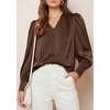 image:imagePRETTYGARDEN Satin Long Sleeve Womens Blouses Dressy Casual  Glossy Smooth Silk FabricLantern Sleeve Fall TopsDecorative Button PulloverV Neck ShirtsOffice Work Business OutfitsBrown
