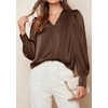 image:imagePRETTYGARDEN Satin Long Sleeve Womens Blouses Dressy Casual  Glossy Smooth Silk FabricLantern Sleeve Fall TopsDecorative Button PulloverV Neck ShirtsOffice Work Business OutfitsBrown