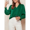 image:imagePRETTYGARDEN Satin Long Sleeve Womens Blouses Dressy Casual  Glossy Smooth Silk FabricLantern Sleeve Fall TopsDecorative Button PulloverV Neck ShirtsOffice Work Business OutfitsGreen
