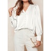 image:imagePRETTYGARDEN Satin Long Sleeve Womens Blouses Dressy Casual  Glossy Smooth Silk FabricLantern Sleeve Fall TopsDecorative Button PulloverV Neck ShirtsOffice Work Business OutfitsWhite