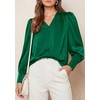 image:imagePRETTYGARDEN Satin Long Sleeve Womens Blouses Dressy Casual  Glossy Smooth Silk FabricLantern Sleeve Fall TopsDecorative Button PulloverV Neck ShirtsOffice Work Business OutfitsGreen