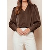 image:imagePRETTYGARDEN Satin Long Sleeve Womens Blouses Dressy Casual  Glossy Smooth Silk FabricLantern Sleeve Fall TopsDecorative Button PulloverV Neck ShirtsOffice Work Business OutfitsBrown