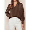 image:imagePRETTYGARDEN Satin Long Sleeve Womens Blouses Dressy Casual  Glossy Smooth Silk FabricLantern Sleeve Fall TopsDecorative Button PulloverV Neck ShirtsOffice Work Business OutfitsBrown