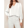 image:imagePRETTYGARDEN Satin Long Sleeve Womens Blouses Dressy Casual  Glossy Smooth Silk FabricLantern Sleeve Fall TopsDecorative Button PulloverV Neck ShirtsOffice Work Business OutfitsWhite