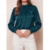 image:imagePRETTYGARDEN Satin Tops for Women Mock Neck Pleated Long Sleeve Shirts  Wrinkle Resistant Silky BlousesDressy Casual Fall ClothesVersatile Business Casual OufitsFashion ClothingDark Cyan