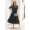image:imagePRETTYGARDEN Summer Dresses for Women 2026 Casual Floral Boho Midi Sun Dress Puff Short Sleeve Flowy Beach Vacation SundressPolk Black