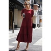 image:imagePRETTYGARDEN Summer Dresses for Women 2026 Casual Floral Boho Midi Sun Dress Puff Short Sleeve Flowy Beach Vacation SundressSolid Wine Red