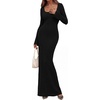image:imagePRETTYGARDEN Womens Fall Long Sleeve Maxi Bodycon Dresses  Soft Stretchy Ribbed Knit Bell Sleeve Square Neck Mermaid Elegant Long Dress Wedding Guest Party 2026 Winter ClothingBlack