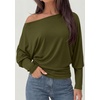 image:imagePRETTYGARDEN Womens Off Shoulder Batwing Long Sleeve Shirts  Asymmetrical Off The Shoulder Cinched Waist Soft Dressy Casual Blouse Going Out Tops Transitional Fall amp Spring WearArmy Green