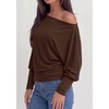 image:imagePRETTYGARDEN Womens Off Shoulder Batwing Long Sleeve Shirts  Asymmetrical Off The Shoulder Cinched Waist Soft Dressy Casual Blouse Going Out Tops Transitional Fall amp Spring WearBrown
