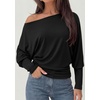 image:imagePRETTYGARDEN Womens Off Shoulder Batwing Long Sleeve Shirts  Asymmetrical Off The Shoulder Cinched Waist Soft Dressy Casual Blouse Going Out Tops Transitional Fall amp Spring WearBlack
