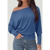 image:imagePRETTYGARDEN Womens Off Shoulder Batwing Long Sleeve Shirts  Asymmetrical Off The Shoulder Cinched Waist Soft Dressy Casual Blouse Going Out Tops Transitional Fall amp Spring WearGrey Blue