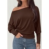 image:imagePRETTYGARDEN Womens Off Shoulder Batwing Long Sleeve Shirts  Asymmetrical Off The Shoulder Cinched Waist Soft Dressy Casual Blouse Going Out Tops Transitional Fall amp Spring WearBrown