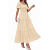 image:imagePRETTYGARDEN Womens Summer Dresses 2026 Boho Maxi Wedding Guest Smocked Square Neck Spring Short Sleeve Swiss Dot Long DressBeige