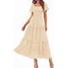 image:imagePRETTYGARDEN Womens Summer Dresses 2026 Boho Maxi Wedding Guest Smocked Square Neck Spring Short Sleeve Swiss Dot Long DressBeige